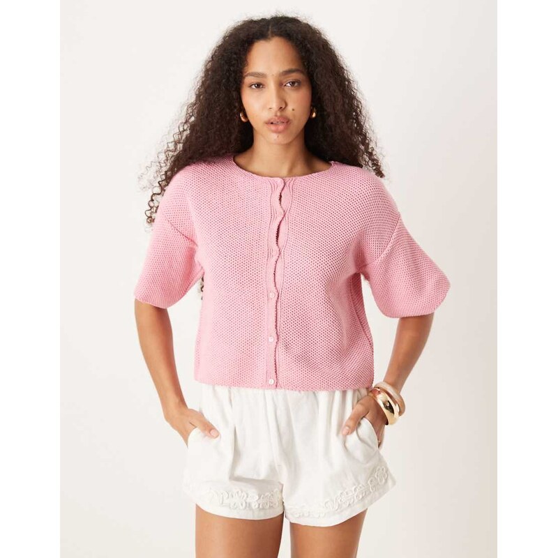 ASOS DESIGN knitted short sleeve cardigan in pink 106645834
