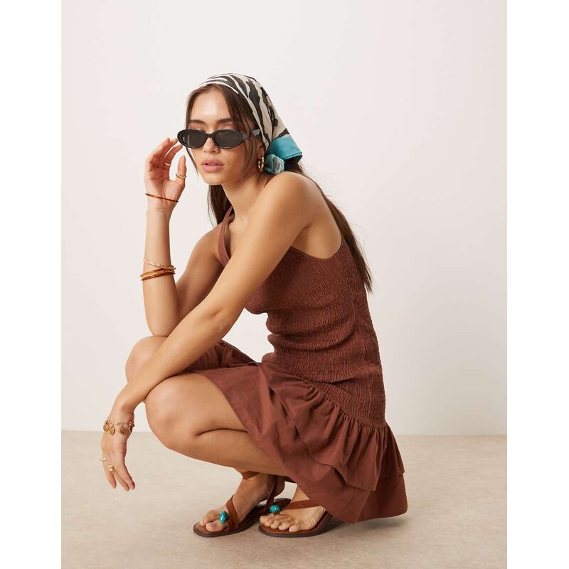 ASOS DESIGN racer shirred ruffle hem mini dress in chocolate-Brown