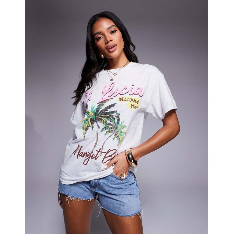 River Island St.Lucia palm tree boyfriend t-shirt in grey 106102093