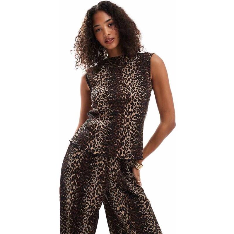 Pieces mini plisse high neck tank top co-ord in leopard print-Multi 106102110