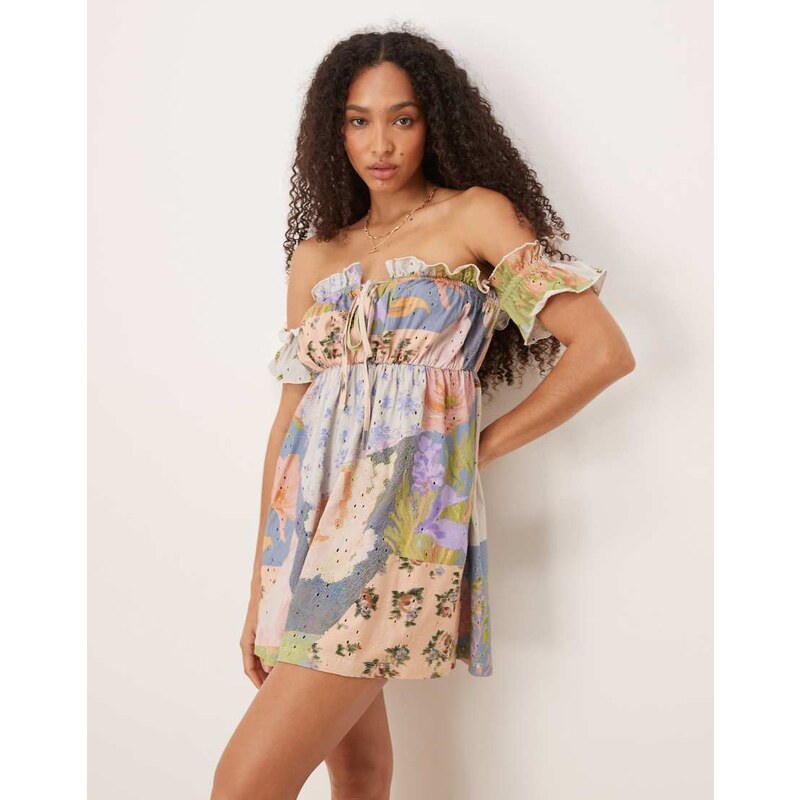 ASOS DESIGN broderie frill bardot mini dress in patchwork ditsy