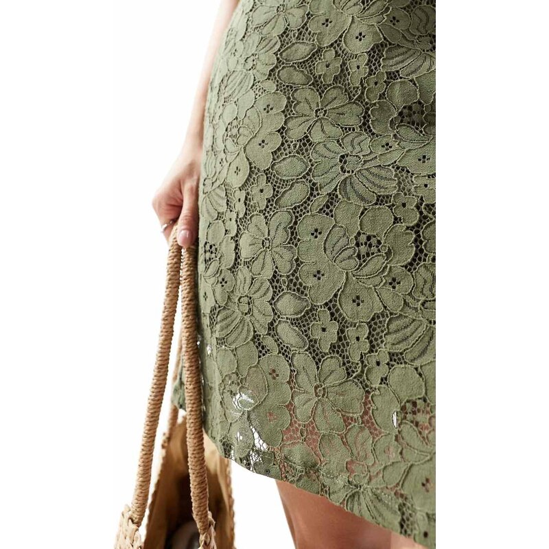 Vero Moda square neck lace cami mini dress in olive green