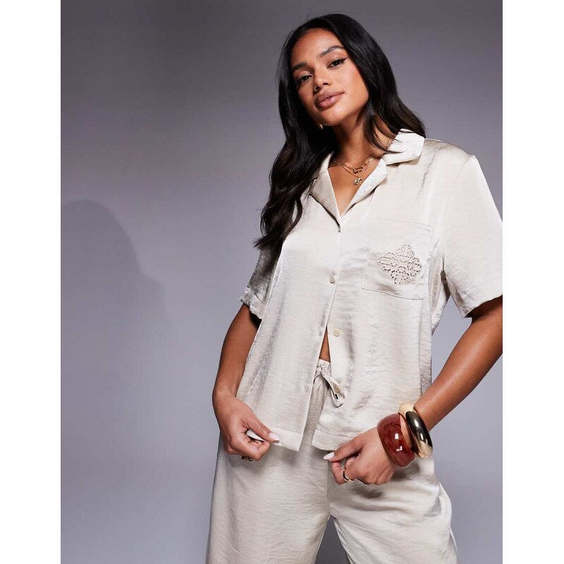 The Couture Club co-ord emblem satin shirt in beige-Neutral 106291636