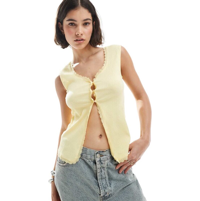 Pieces lace trim ribbed sleeveless top with button front detail in 109687496