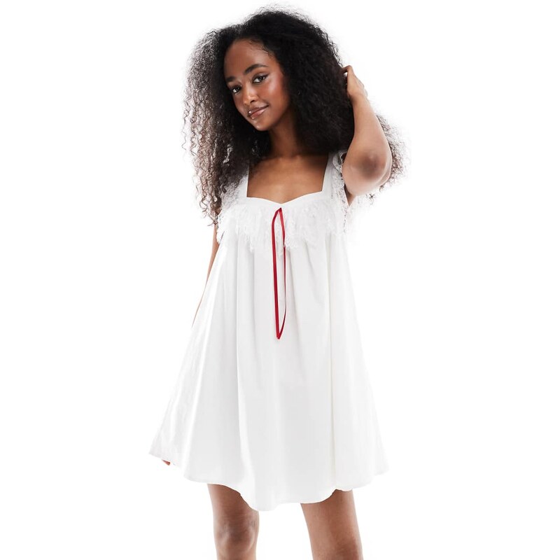 Daisy Street babydoll mini dress with lace straps in white and red bow 106233546