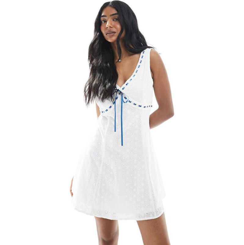 Daisy Street lace thread through detail broderie mini dress in white 106233549