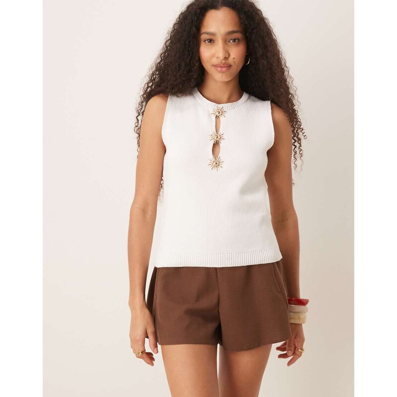 Mango cotton mix compact knitted top with statement buttons in white 106107579