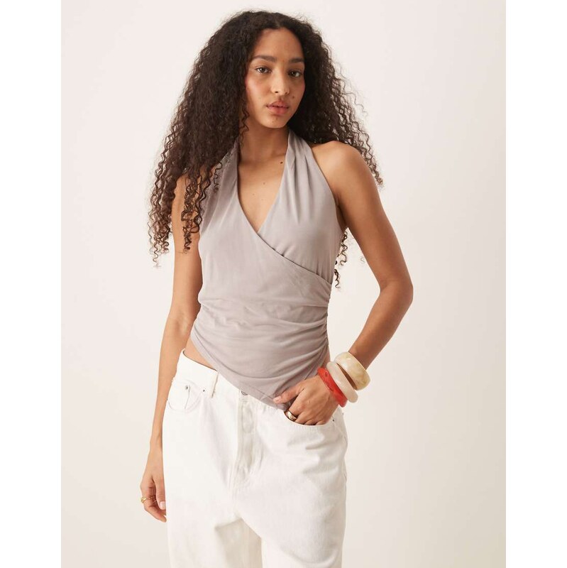 Mango asymmetric halter neck top with ruched cinch waist detail