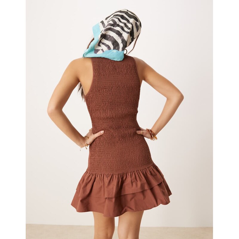 ASOS DESIGN racer shirred ruffle hem mini dress in chocolate-Brown