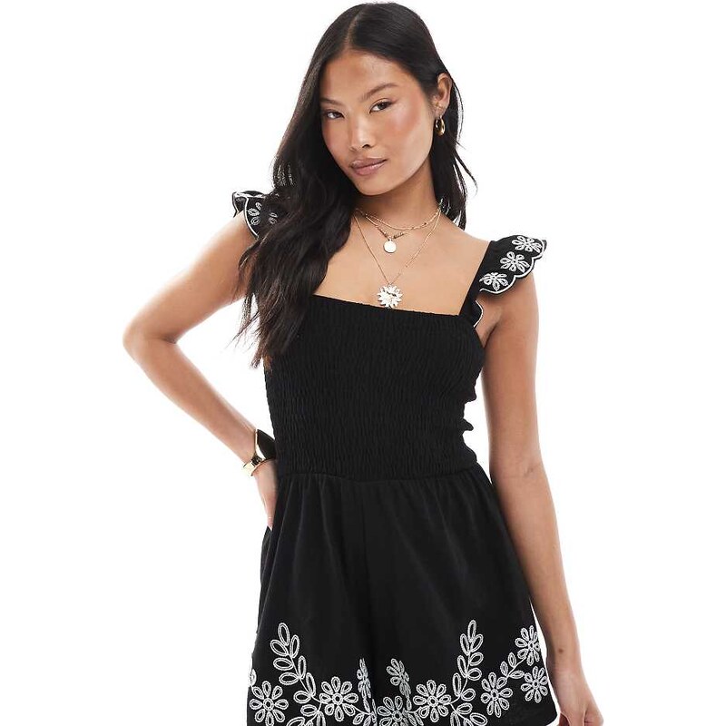 Miss Selfridge Petite embroidered frill sleeve playsuit in black 113260786