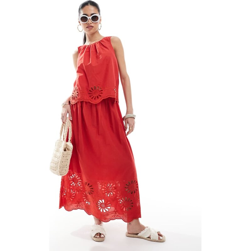 New Look co-ord embroidered hem midi skirt in red 107702476