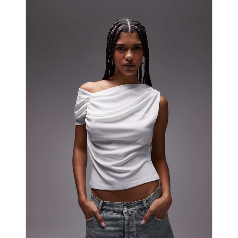 Topshop ruched detail one shoulder top in ivory-White 106107492
