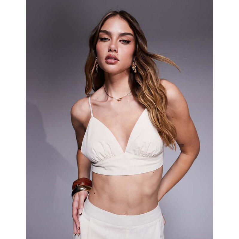 Missyempire linen look cropped cami bralette co-ord in cream-White 106107506
