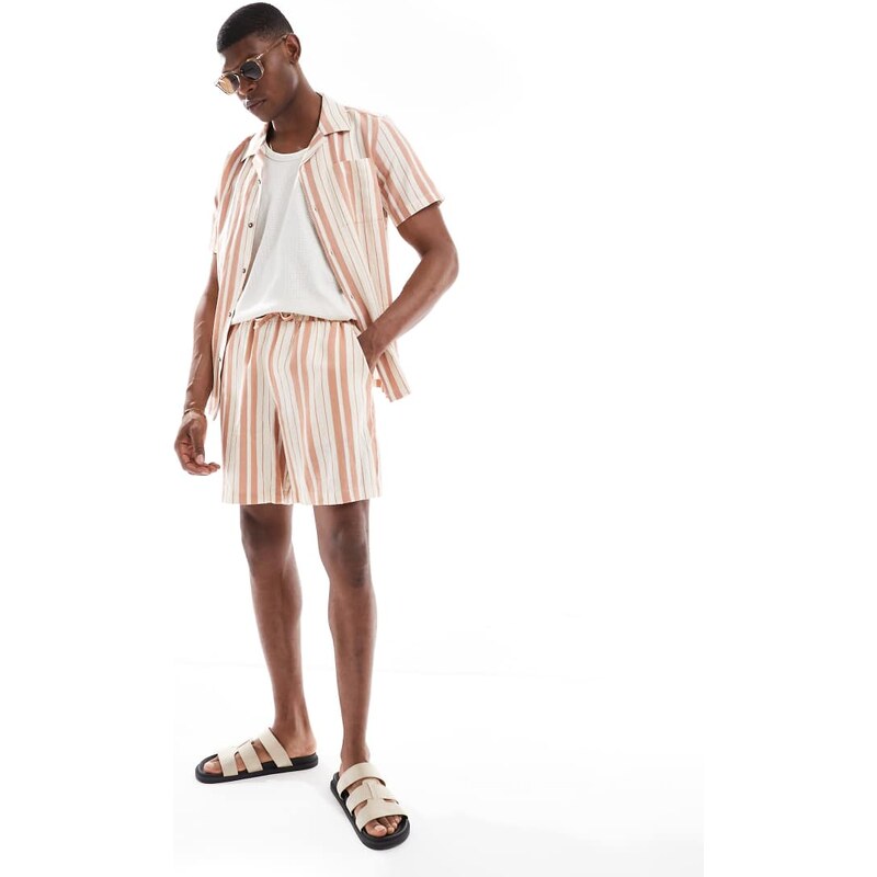 New Look linen look stripe shorts co-ord in stone-Neutral