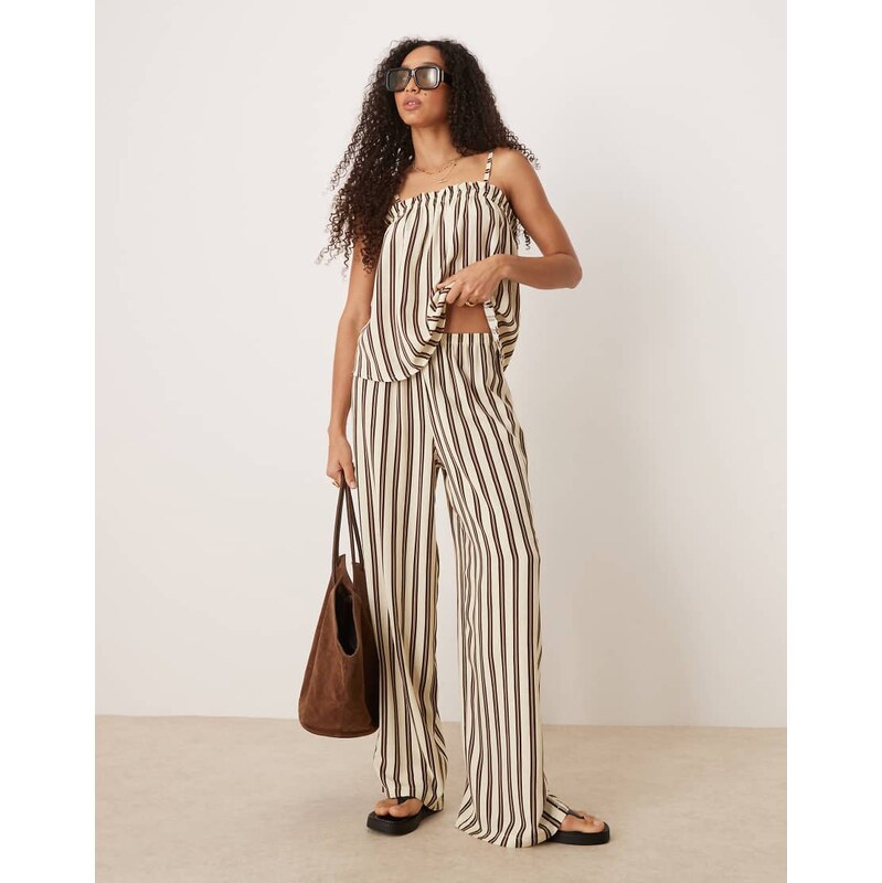 ASOS DESIGN linen blend pull on trouser in buttermilk stripe-Multi 106107568