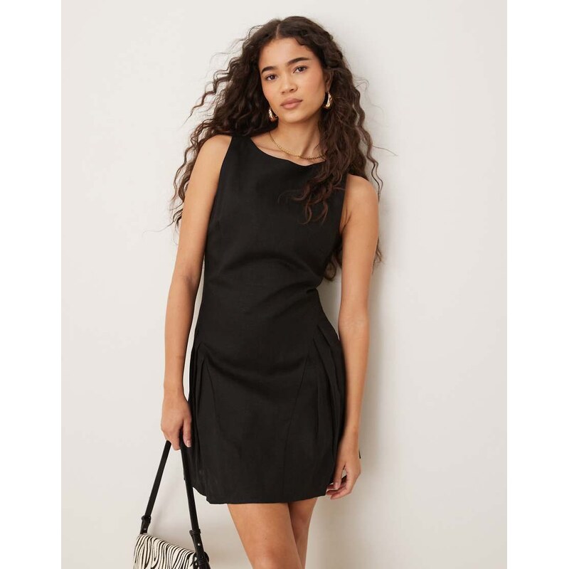 Mango linen mix drop waist mini dress in black 106107575