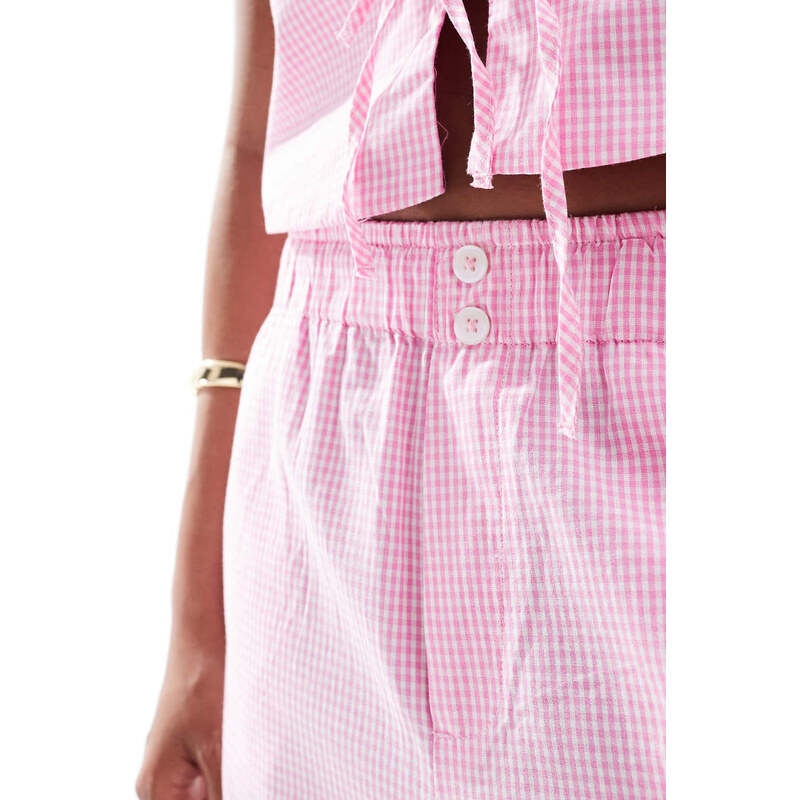 ONLY Petite wide leg boxer detail trousers co-ord in pink gingham