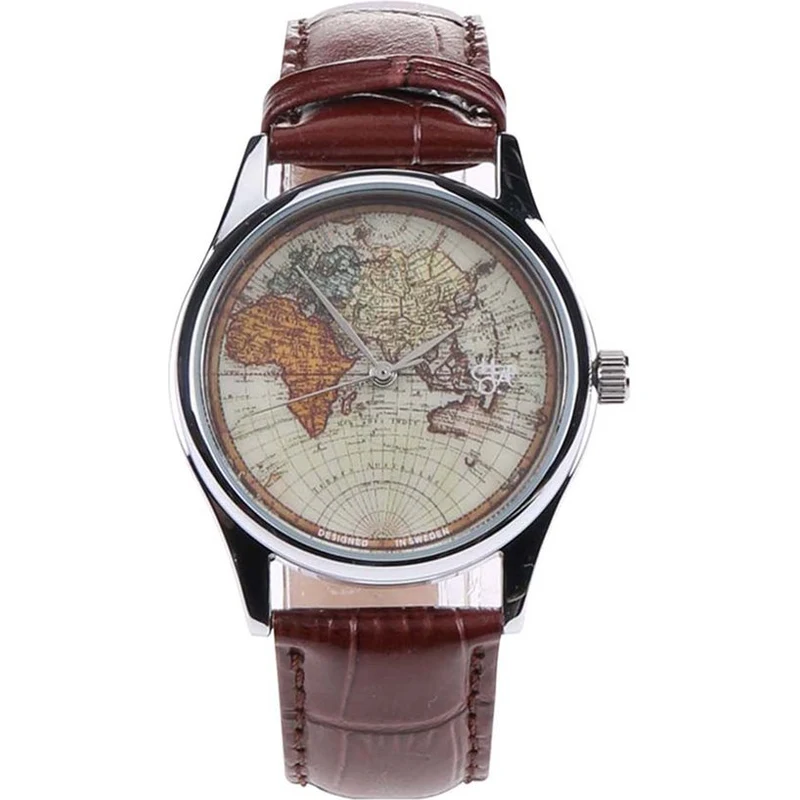 Tmavě hnědé pánské hodinky s mapou a s koženým páskem Cheapo Vintage World  - GLAMI.cz