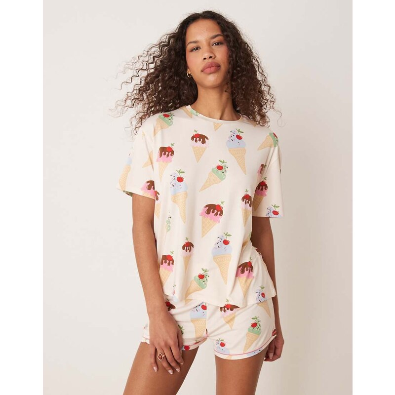 Urban Threads oversized pyjama top and shorts in ice cream print-Multi 106233348