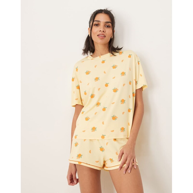 Urban Threads oversized pyjama top and shorts in fruit print-Multi 106233349