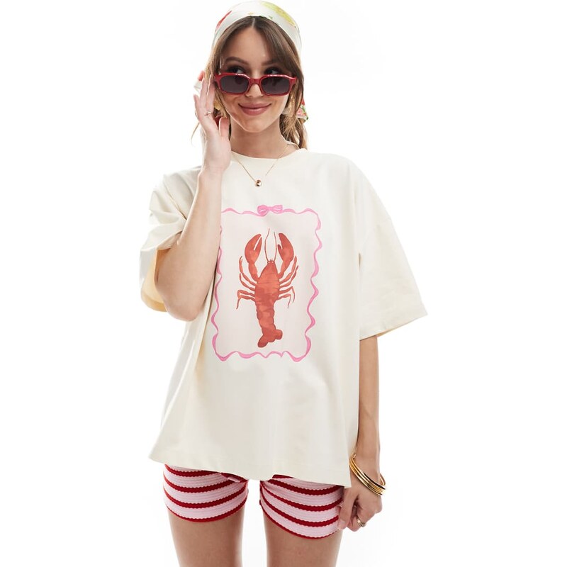The Frolic exclusive oversized lobster graphic t-shirt in cream