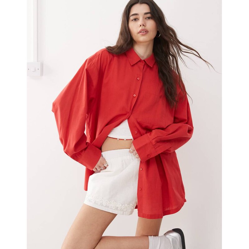 COLLUSION oversized linen look shirt in red