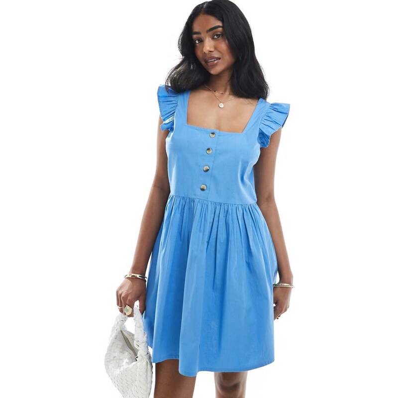 Wednesdays Girl button detail frill sleeve mini dress in light blue 106624489
