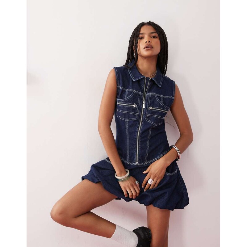COLLUSION denim mini dress with buckle details in rinse wash