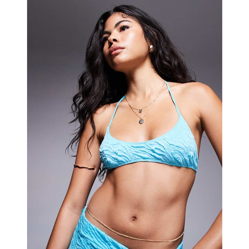 ASOS DESIGN Maria textured halter crop bikini top in turquoise