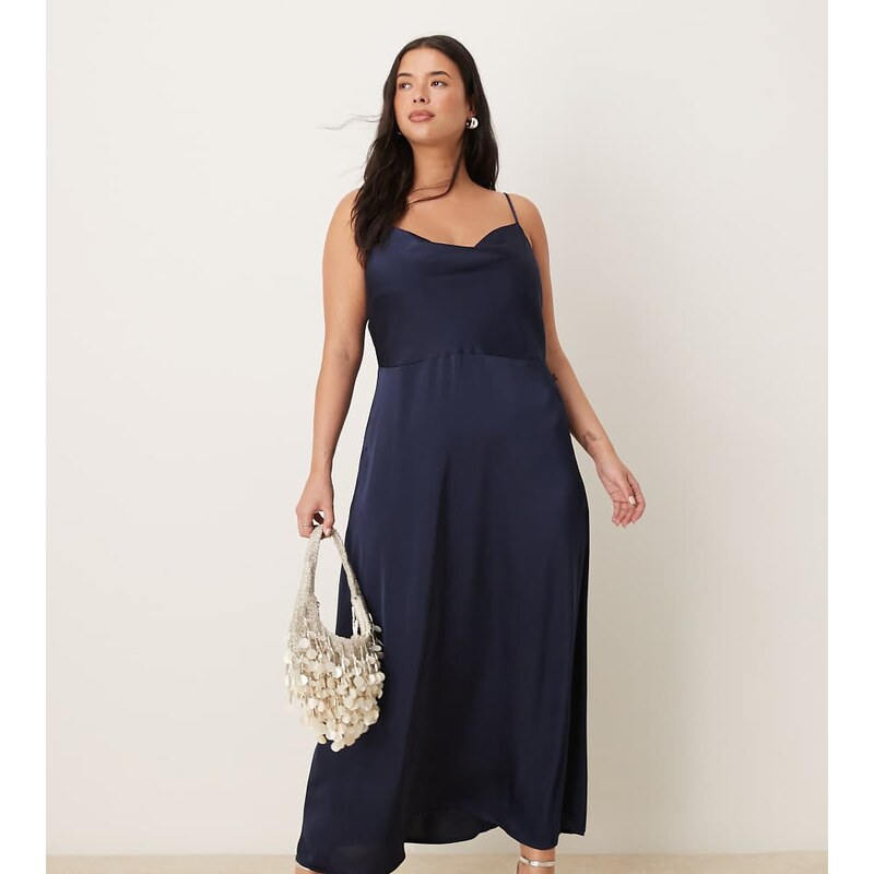 Vila Curve satin cowl neck cami maxi dress in navy
