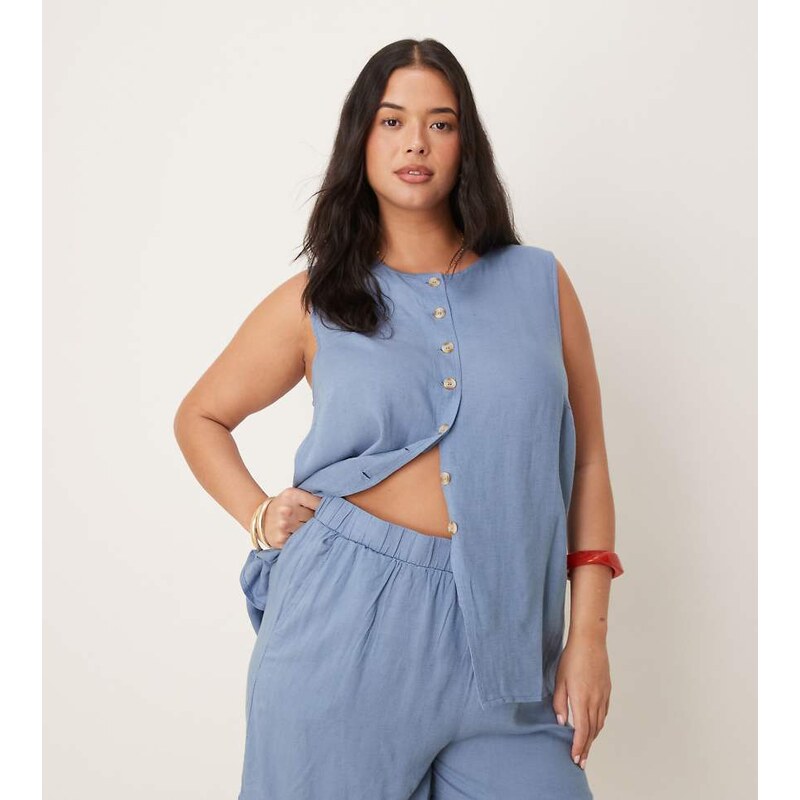 Vila Curve high waisted full short co-ord in chambray blue 106121934