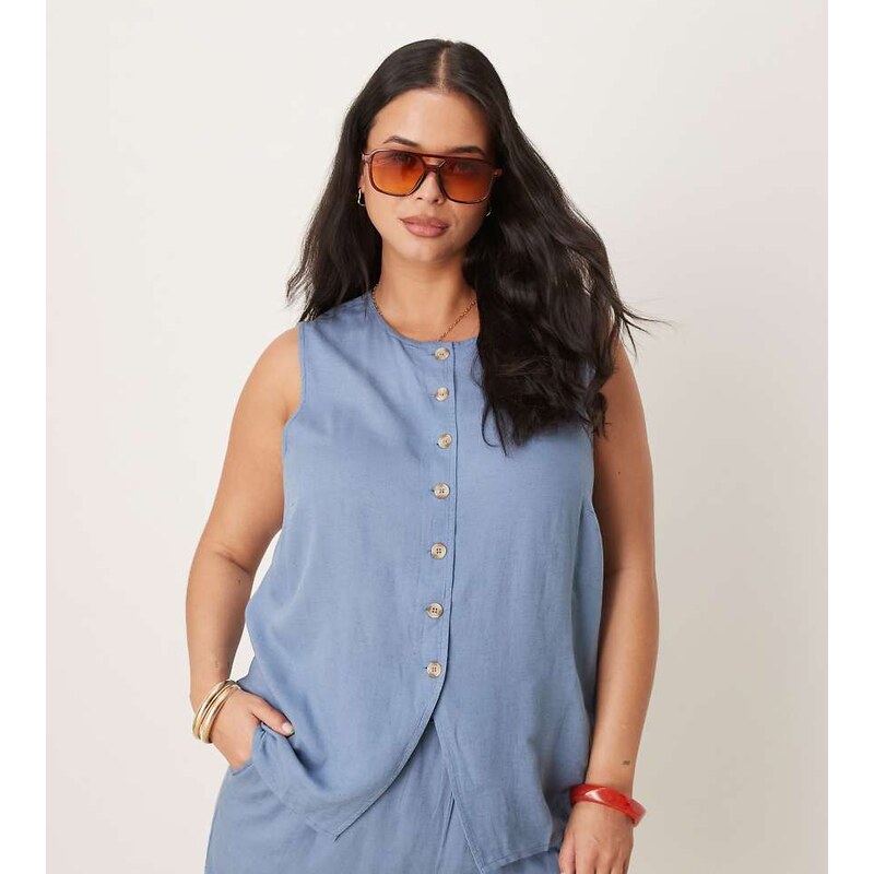 Vila Curve button front waistcoat co-ord in chambray blue