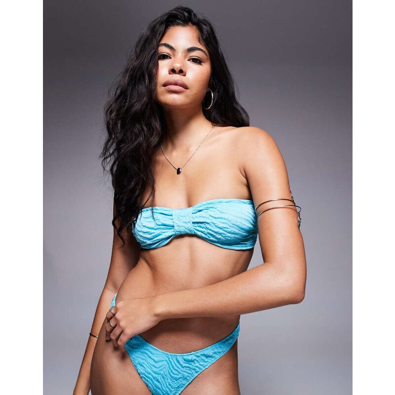 ASOS DESIGN Maria textured knot front bandeau bikini top in turquoise 115511564