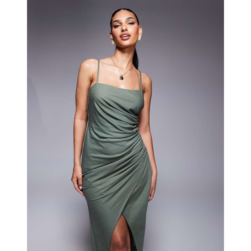 ASOS DESIGN linen look drapey cami midi dress with channelled