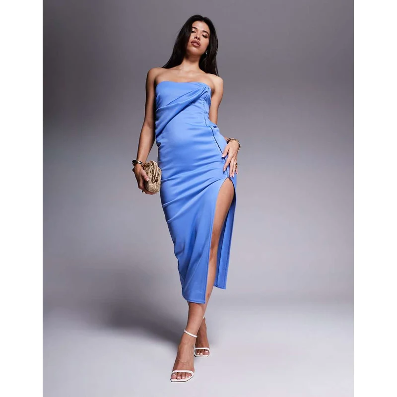 asos design fold front bardot midi pencil dress ASOS Fold Front Bardot Midi Pencil Dress-blue