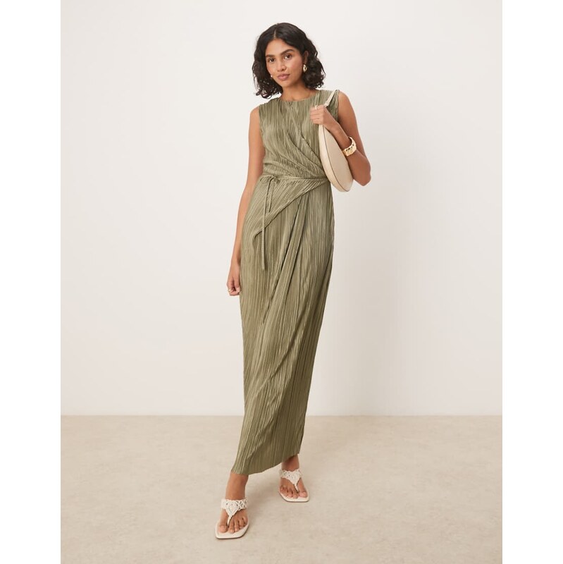 ASOS DESIGN plisse sleeveless wrap tie front maxi dress in khaki