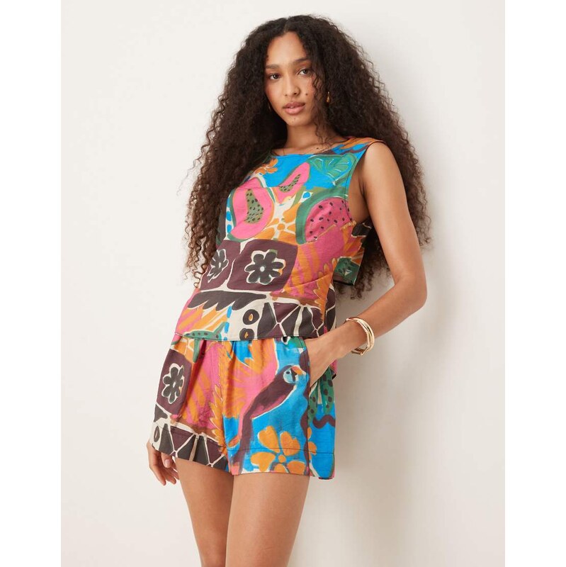 ASOS DESIGN open tie back shell top co-ord in carnival print
