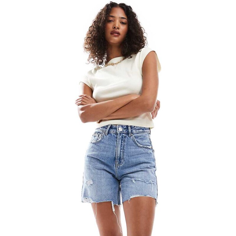 Stradivarius D93 longline denim shorts in dyed blue 106645873