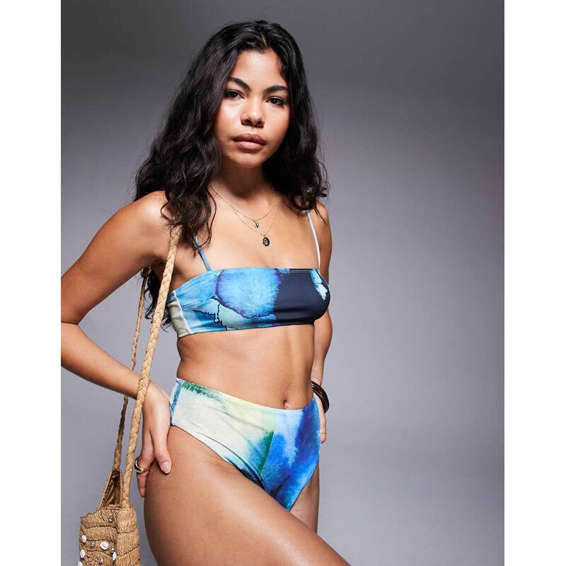ASOS DESIGN Mina skinny strap bandeau bikini top in oil print - MULTI 115511463