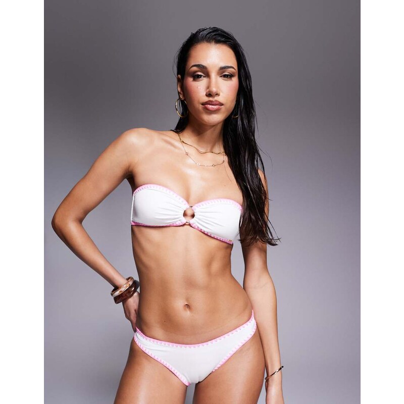Boux Avenue Rhodes bandeau bikini top with pink whipstitch in white 106131265