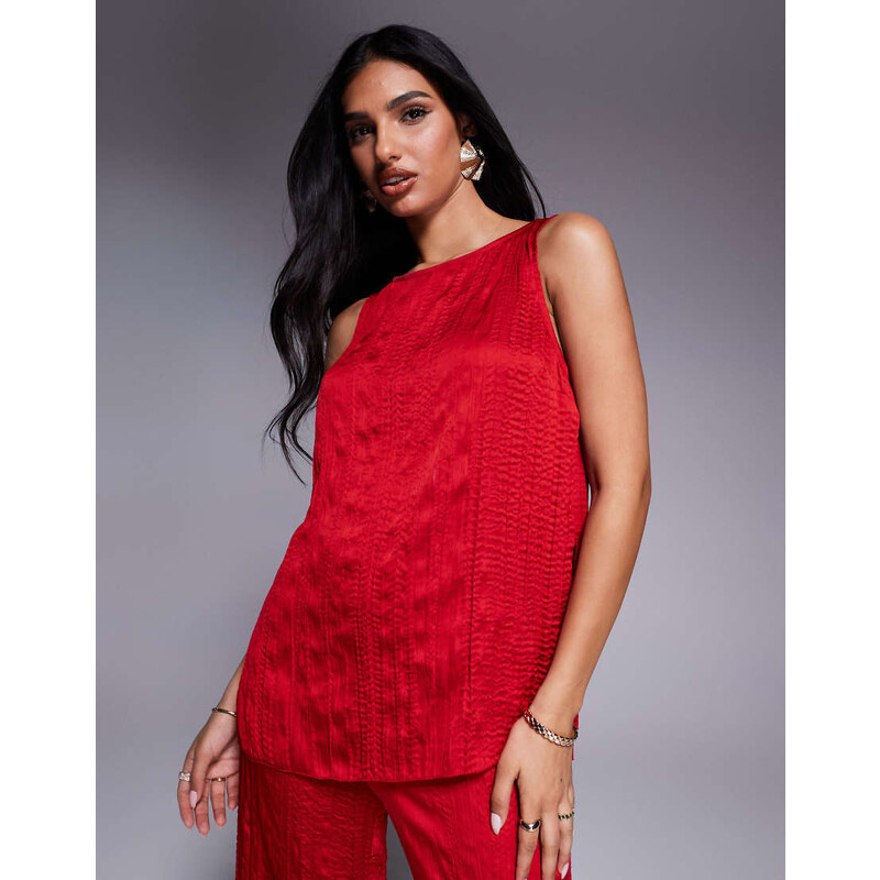 ASOS DESIGN crinkle satin boat neck tank top co-ord in cherry red 106131273