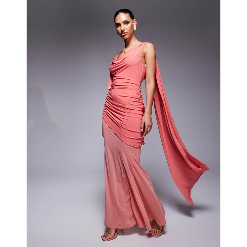 ASOS DESIGN asymmetric slinky ruched maxi dress with sheer skirt in coral-Orange