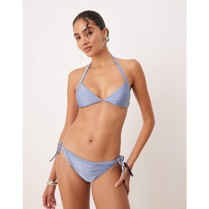Mango stud detail halter metallic bikini top in light blue 106097781