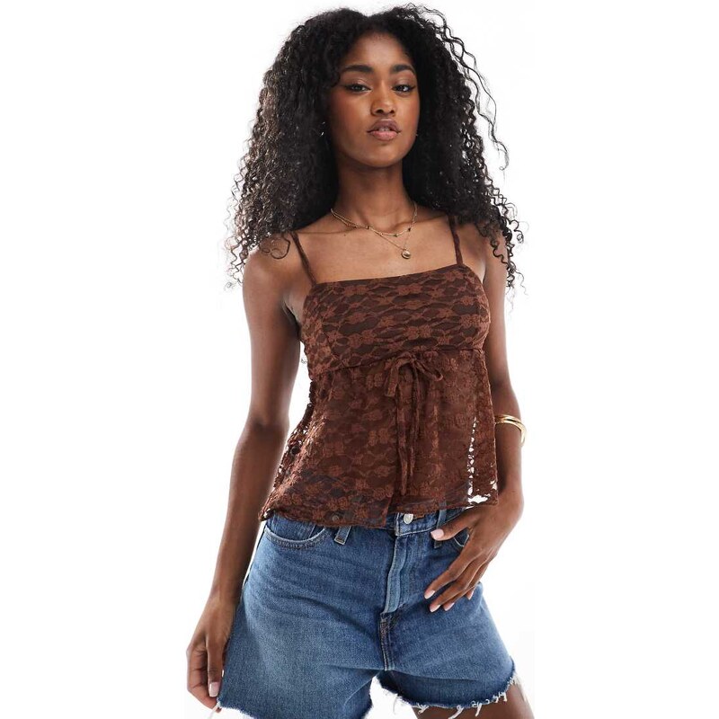 Miss Selfridge lace satin bow detail peplum cami top in chocolate 106131416