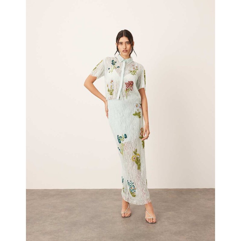 ARRANGE botanical floral embellished lace midi skirt co-ord in light 106124309