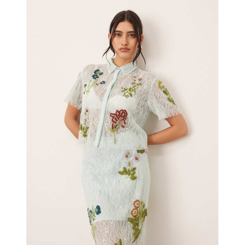 ARRANGE botanical floral embellished lace crop shirt co-ord in light 115557161