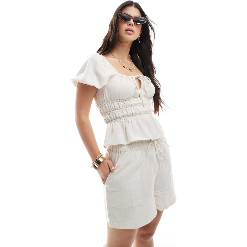 Brave Soul puff sleeve tie front top with linen in off white 106124353
