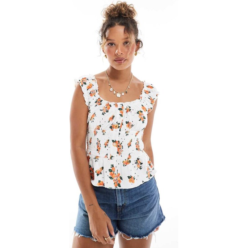 ASOS Design broderie button through milkmaid top in orange print-Multi 106124384
