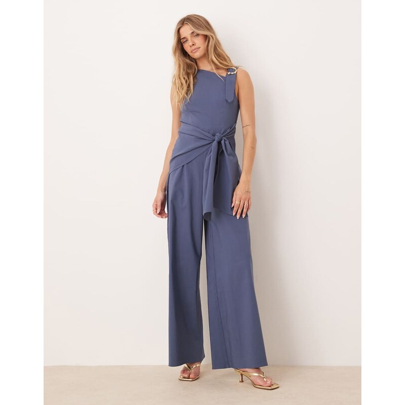 ASOS DESIGN asym liquid gold strap detail jumpsuit with wrap over in 107778807