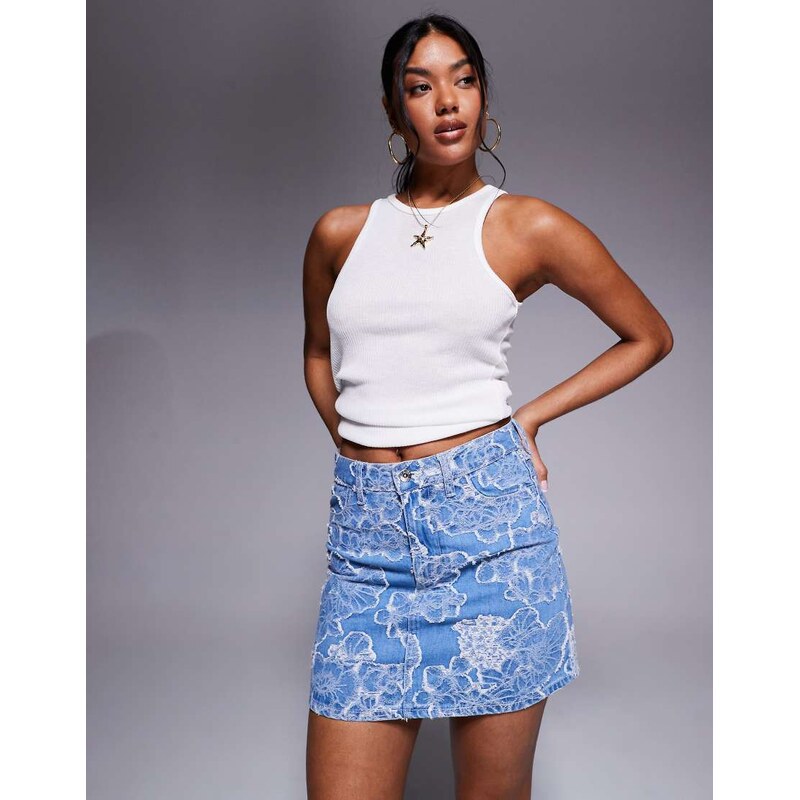 River Island floral denim mini skirt co-ord in midwash blue 106124444